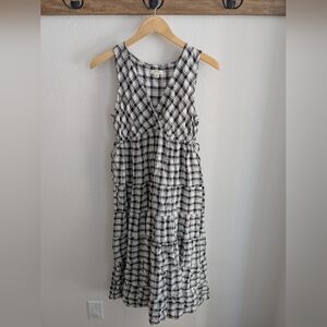 max studio flowy tiered black and white check dress with v neck and side ties